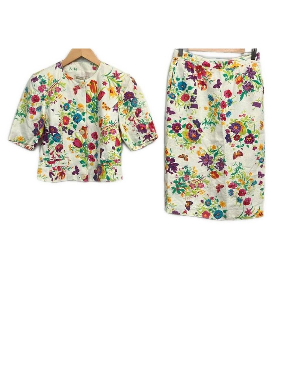 Gucci Skirt Suit Ivory Red Floral Shoulder Pad Short Sleeve
